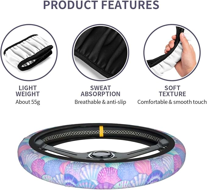 Mermaid Steering Wheel Cover Elastic Non-Slip Car Steering Wheel Covers with Seat Belt Shoulder Pad for Women Men