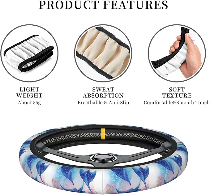 Elastic Stretch Car Steering Wheel Cover Universal 15 inch Anti-Slip Auto Steering Wheel Protector Sea Animals Stingrays Steering Wheel Covers Warm in Winter and Cool in Summer, Black
