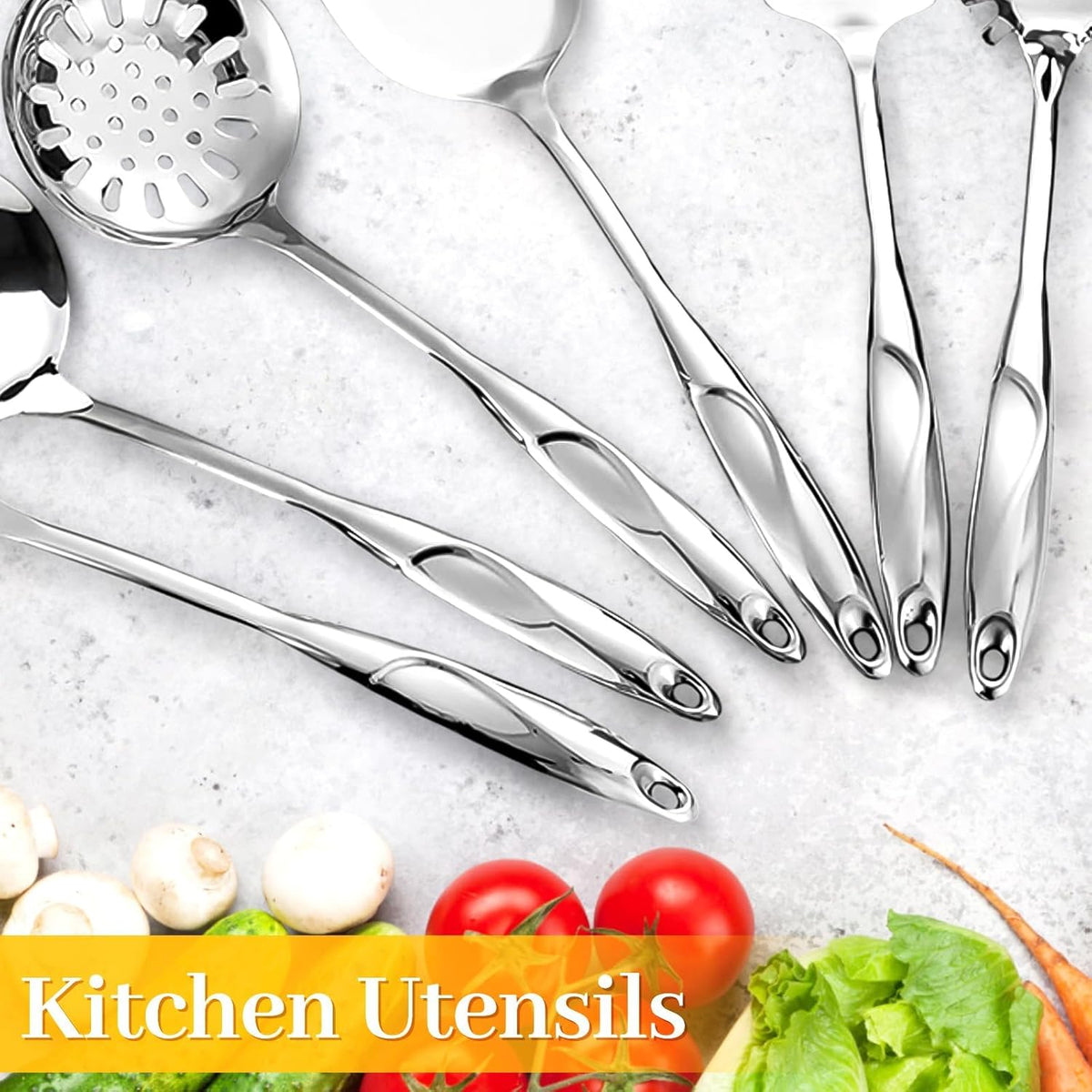 Stainless Steel Cooking Utensils Set - 6 Piece Kitchen Utensils Set, One Piece Seamless Handle Stainless Steel Utensils with Hanging Hole, Dishwasher Safe