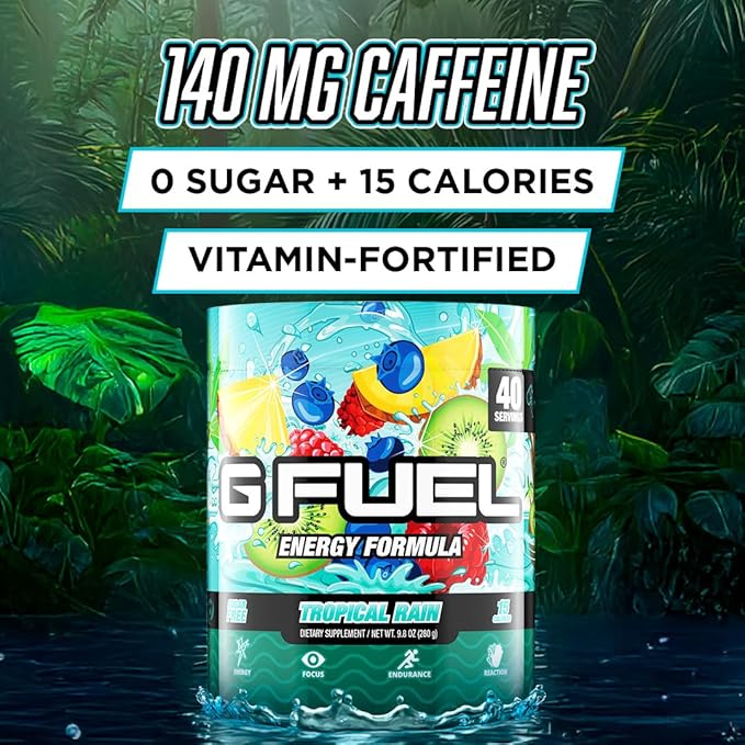 Gamma Labs G Fuel Tropical Rain Energy Drink Powder, Pre Workout Caffeine Mix for Gaming, Sugar Free Focus Amino, Vitamin + Antioxidants, 9.8oz Fruit Medley, 40 Servings