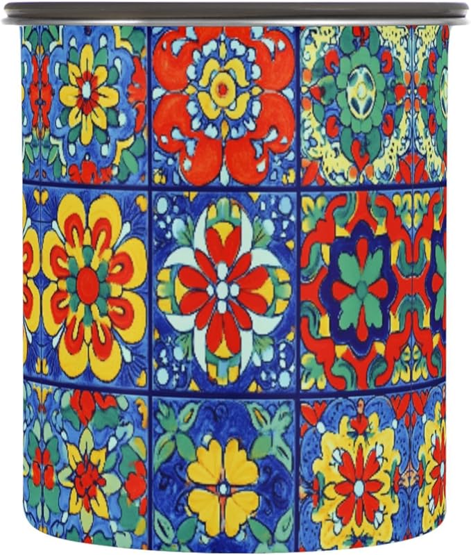 Stainless Steel Coffee Storage Containers with Airtight Lid, Colorful Mexican Talavera 17oz Food Storage Container Kitchen Canister for Tea, Coffee Beans, Ground, Sugar Storage