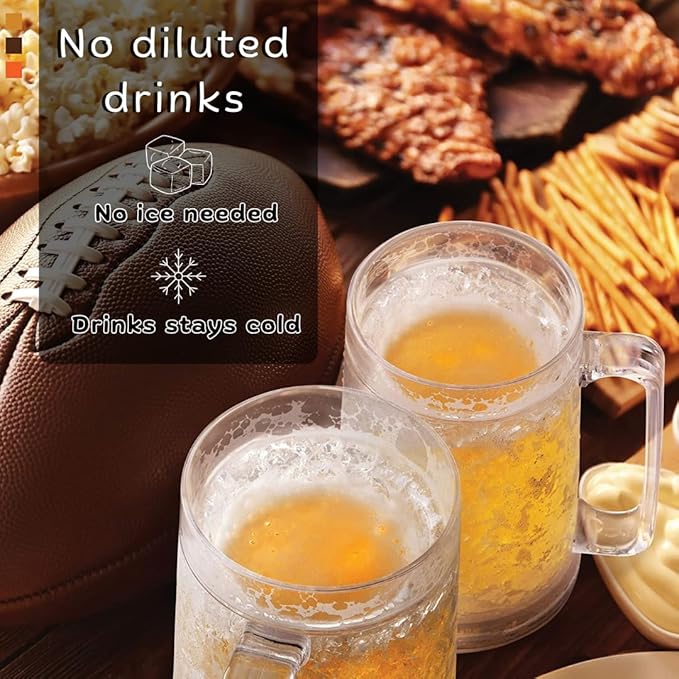 Beer Mugs For Freezer, Double Wall Insulated Plastic Glasses – Freezer Mugs, 16 oz – Perfect Frozen Beer Mugs for Home Bar Accessories, Gifts for Men, 2 Pack
