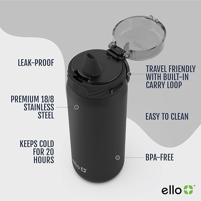 Ello Cooper 18oz Kids Stainless Steel Water Bottle Vacuum Insulated with Straw and Carry Handle, Leak Proof Locking Lid with Soft Silicone Spout, Fits Car Cupholder, Dishwasher Safe, Figgy Pudding