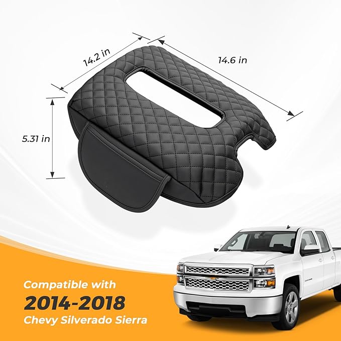 FUNY Center Console Cover Compatible with 2014-2018 Silverado Sierra, Middle Console Cover Lid, Car Arm Rest Covers Cushion Pad, Bucket Seat Middle Console Armrest Box Leather Protective Cover