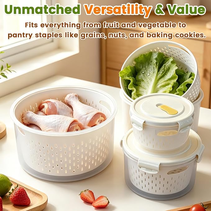 TBMax 8 Pieces Airtight Fruit Storage Containers for Fridge with Air Circulation Vent, 4 Pack Round Produce Saver with Colander for Berry Lettuce Salad Vegetable Storage, Refrigerator Organizers