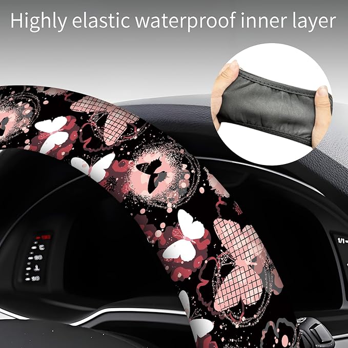 Steering Wheel Covers for Car, Truck, and SUV, Cute Non-Slip Breathable Elastic Steering Wheel, Car Accessories, Universal 15 Inch Leather Cover for Men Women Butterfly Hearts