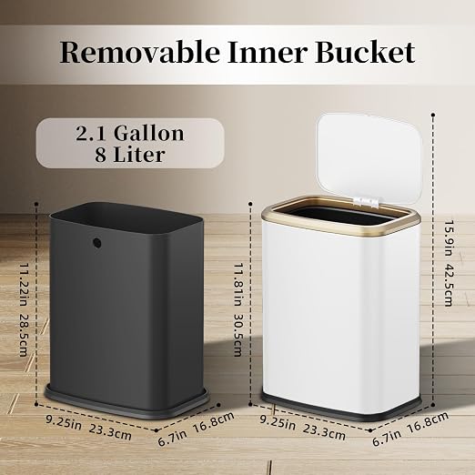2.1 Gallon Bathroom Trash Can with Lid Press Top, 8 Liter Stainless Steel Garbage Can with Press Type Lid, Slim Trash Bin Waste Basket for Toilet, Office, Bedroom, Living Room (White)