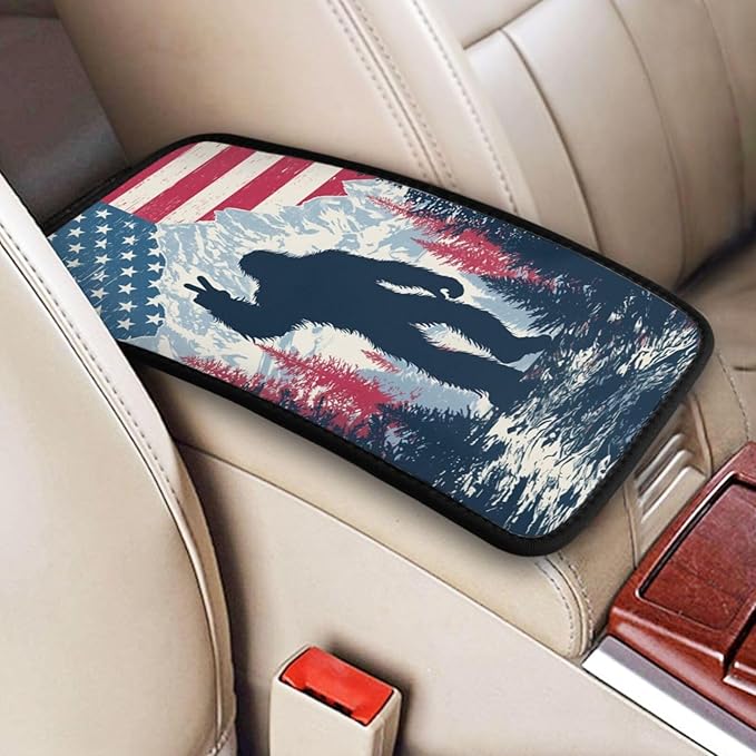 American Flag Bigfoot Sasquatch Center Console Cover Pad, Car Armrest Seat Box Cover Cushion Universal for Most Vehicle SUV Truck, Car Interior Accessories Decor, Protect from Pet Claws & Dirt