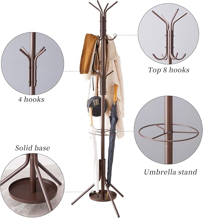 Kitsanery Coat Rack Freestanding,Metal Coat Tree with Umbrella Holder,Hat and Coat Rack Stand for Entryway, Hallway, Living Room, Bedroom (Brown)