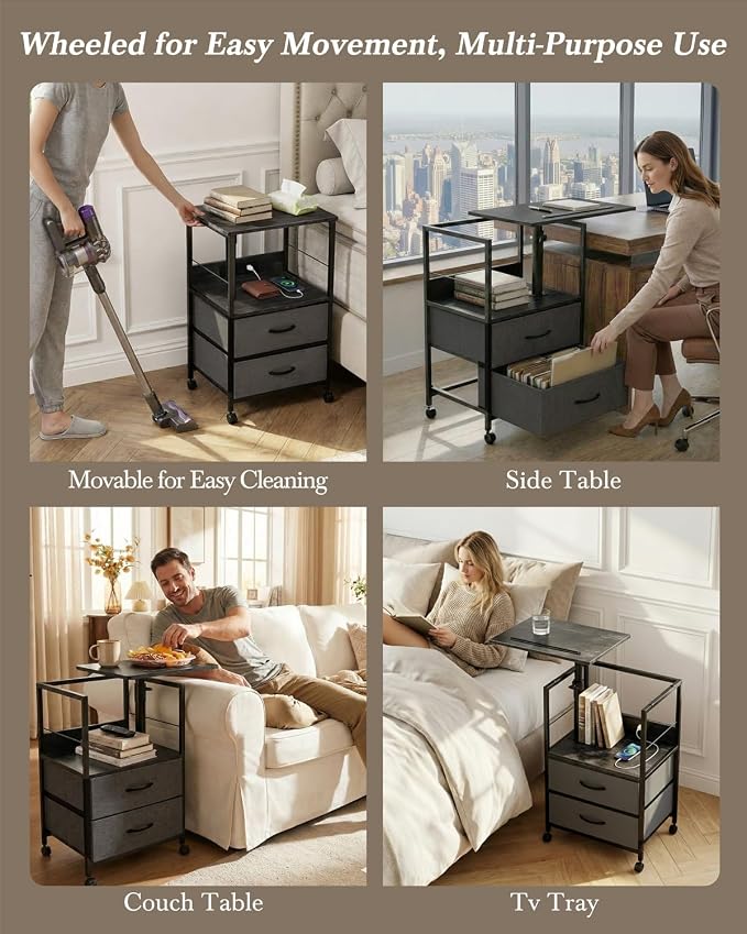 Faesun Swivel Lift Top Nightstand with Charging Station, Rolling Side Table for Recliner, Bedside Table with Wheels & 2 Fabric Drawers, for Small Spaces, for Bedroom, Living Room, Black Gray