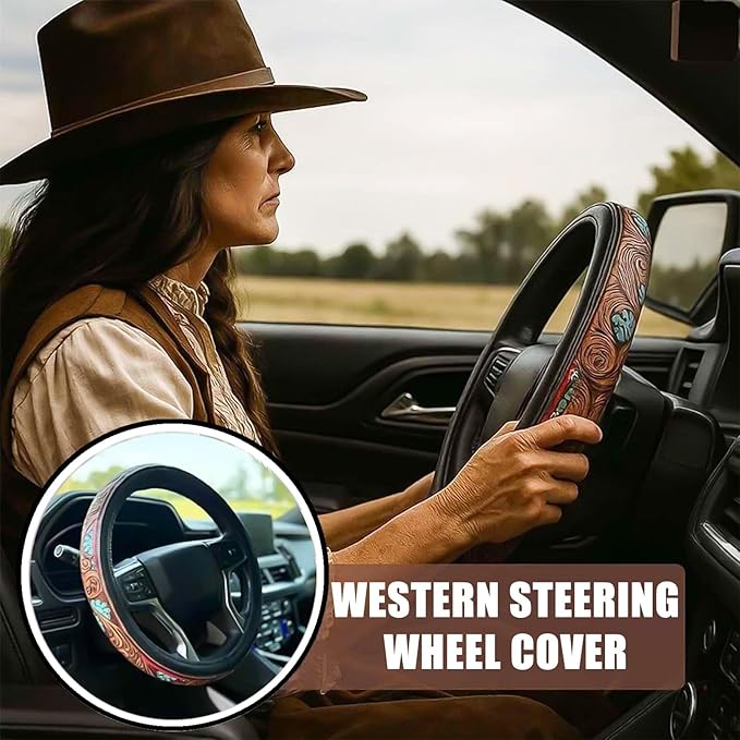 Retro Western Cowboy Car Universal Steering Wheel Cover, Embossed Handcrafted Tooled Leather Western,Anti Slip, Auto Interiors Accessories,Breathable for Trucks SUVs Cars (A)