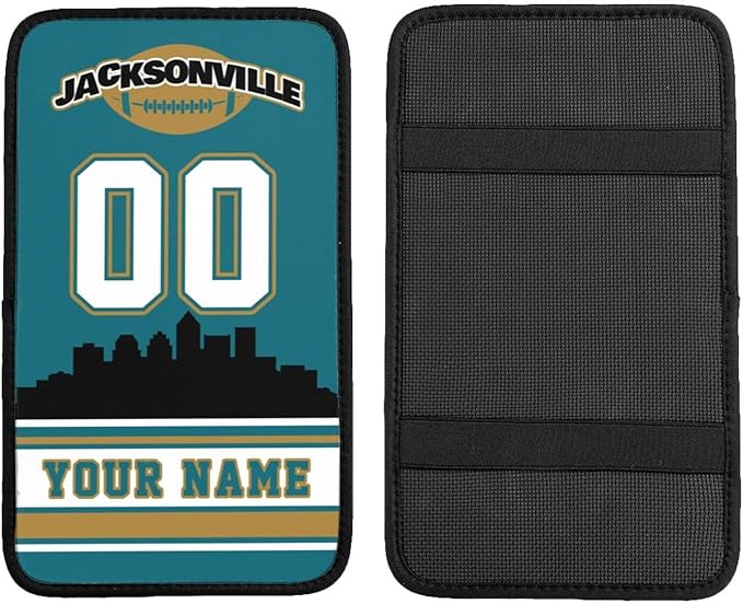 Custom Jacksonville Car Armrest Covers Personalized Football Style with Name Number Customized Auto Center Console Pad Car Handrail Box Cushion for Most Vehicle Decor Accessories, Fans Gift
