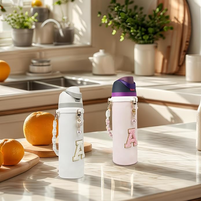 Compatible with Owala Water Bottle Accessories, Cute Letter Charm Set with Boho Handle Strap, Monogram Sticker, Silicone Ring, Keychain Decoration, for FreeSip 24 32 40oz, Owala Kids, Tumbler Gift