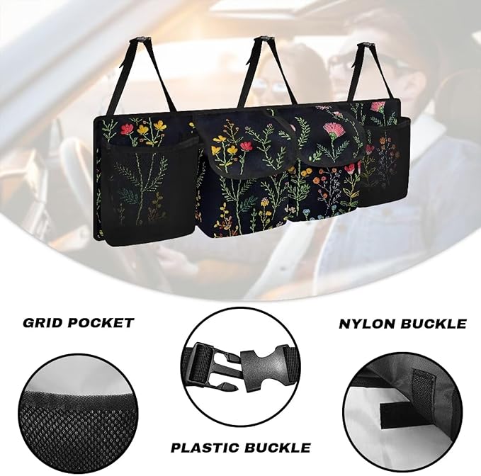 Floral Flowers Car Trunk Organizer, 4 Compartment, Foldable Back Seat Car Organizer, Car Accessories
