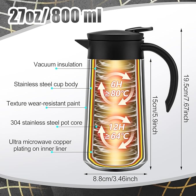 2 Pcs 27oz Thermal Coffee Carafe Stainless Steel Coffee Pot for Keeping Hot/cold Insulated Double Walled Vacuum Tea Pot with Press Button Drink Beverage Dispenser for Milk Tea(Silver)