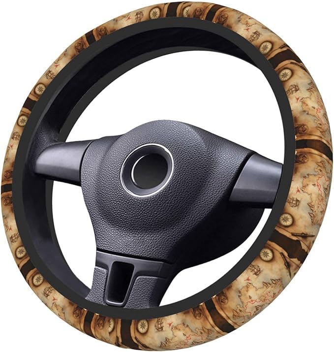 Treasure Hunt Map-Pirate Universal Fit Steering Wheel Cover for Car, Truck, and SUV, Durable Steering Wheel Protection