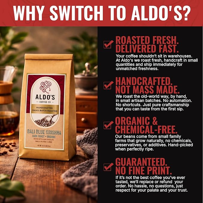 Aldo’s Organic Bali Blue Coffee Beans – Handcrafted Single-Origin Indonesian Coffee, Small-Batch Artisan Roasted, Bold Smooth Low-Acidity Coffee (1 lb) (Coarse Ground)