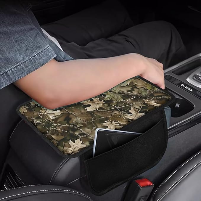 Dreaweet Hunting Deer Camo Car Center Console Cover with Pockets,Car Armrest Cover Center Console Cushion Pad Soft Comfy Arm Rest Cover for Car Truck SUV Van Sedan