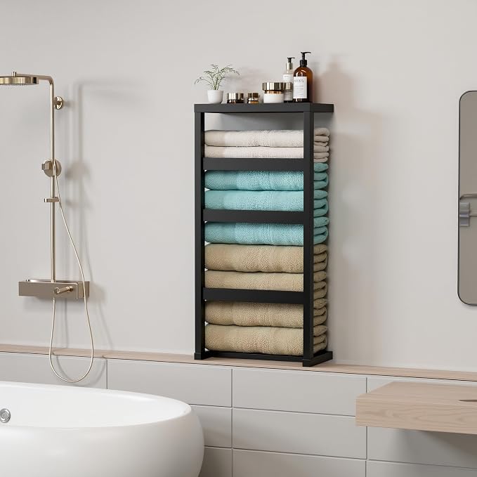 Bamboo Wall Blanket Ladder, 4-Tier Towel Racks, Bamboo Bath Towel Racks for Bathroom Wall Mounted, Decorative Blanket, Quilt, Towel, Scarf Ladder Shelves for Bathroom, Living Room, Bedroom， Black