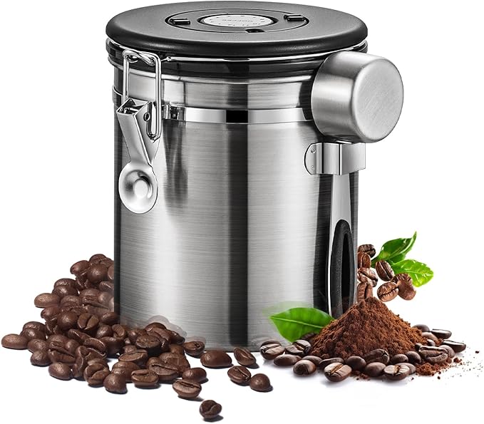 Airtight Coffee Container with Date Tracker & Spoon - Kitchen Storage Jar for Coffee Grounds, Cereal, Beans, Sugar (Silver, 16OZ)