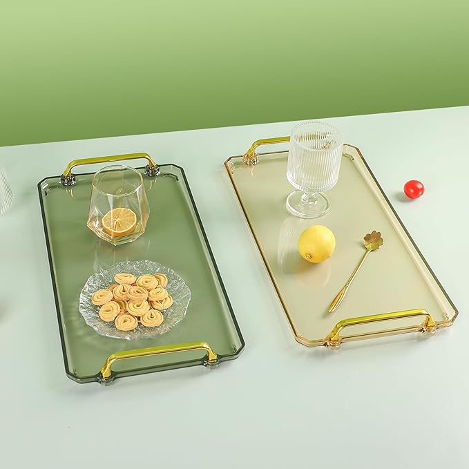Serving Tray with Handles Serving Tray Valet Tray Plastic Serving Trays for Party, Kitchen, Bathroom, Dessert Table, Cupcake Display, Acrylic Tray for Ottoman Coffee Table, Decorative Trays (Green)