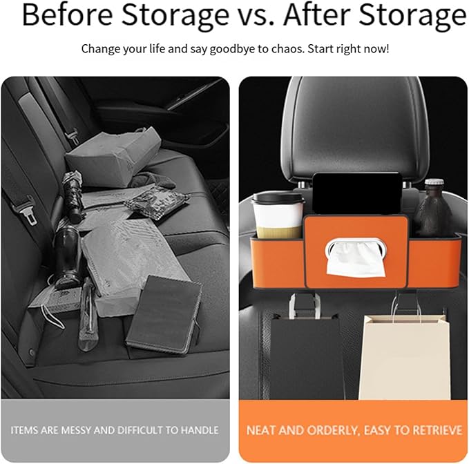 Car Back Seat Organizer with Hooks & Tissue Dispenser – Faux Leather Storage Box with Cup Holders, Multi-Compartment for Sunglasses & Chargers, Compatible with Most Seat Black 1pc