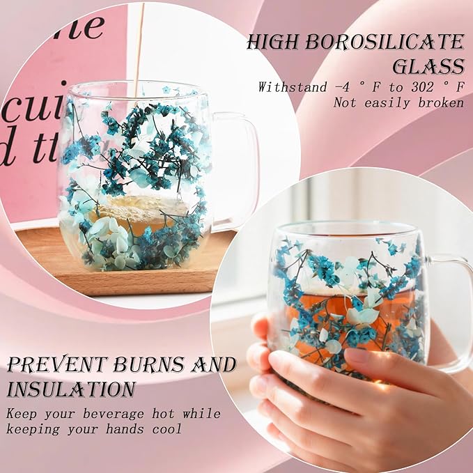 Real Flower Glass Tea Cup, Double Wall Borosilicate Coffee Mug with Preserved Flowers, Clear Aesthetic Floral Glassware, Romantic Gift for Women, Mom, Girlfriend, Mother’s Day & Women’s Day