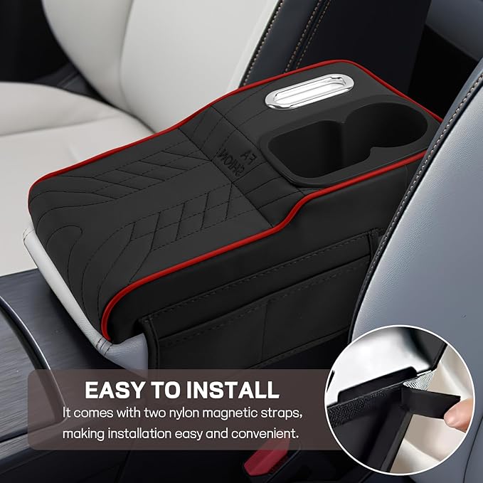 Car Center Console Armrest Pillow, 13.4"×7.5"×2" Leather Auto Arm Rest Cover with Pocket & Tissue Box & Cup Holder, Multifunctional Vehicle Armrest Cushion Pad, Car Accessories (Black+Red)