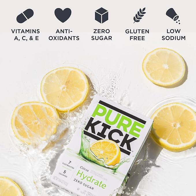 PURE KICK Hydration Singles To Go Drink Mix, Citrus, Includes 12 Boxes with 6 Packets in each Box, 72 Total Packets