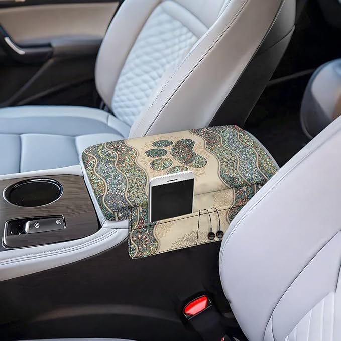 Tupalatus Mandala Flowers Car Center Console Cover Soft Paw Universal Armrest Cover Car Accessories Interior with 2 Storage Bags Easy Installation Universal Fit for Car SUV Trucks