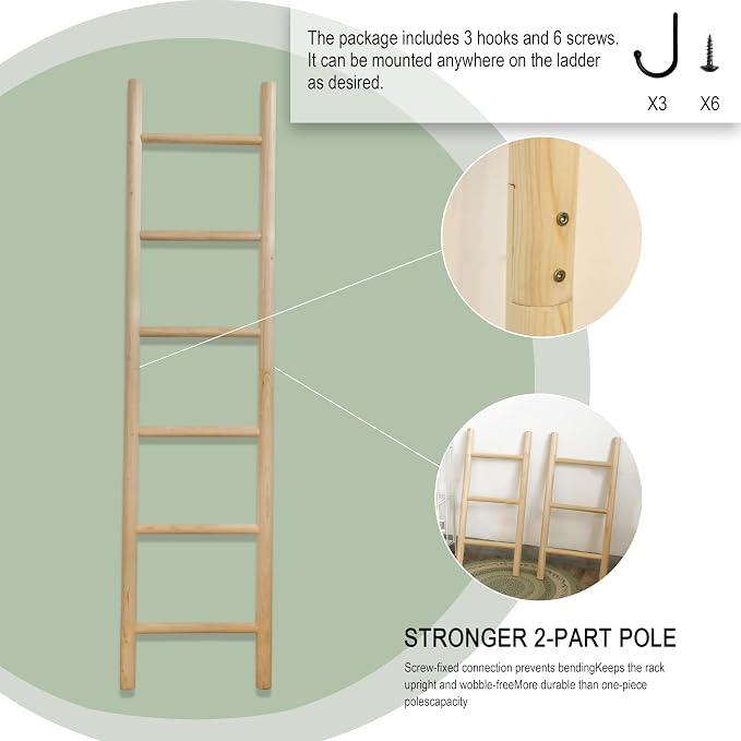 Wooden Blanket Ladder - 76in Natural & Motley Wood - Leaning Wall Decor for Bedroom, Bathroom, Living Room - Rustic Quilt Holder & Towel Rack (Light Wood Color, 76in | Pre Assembled)