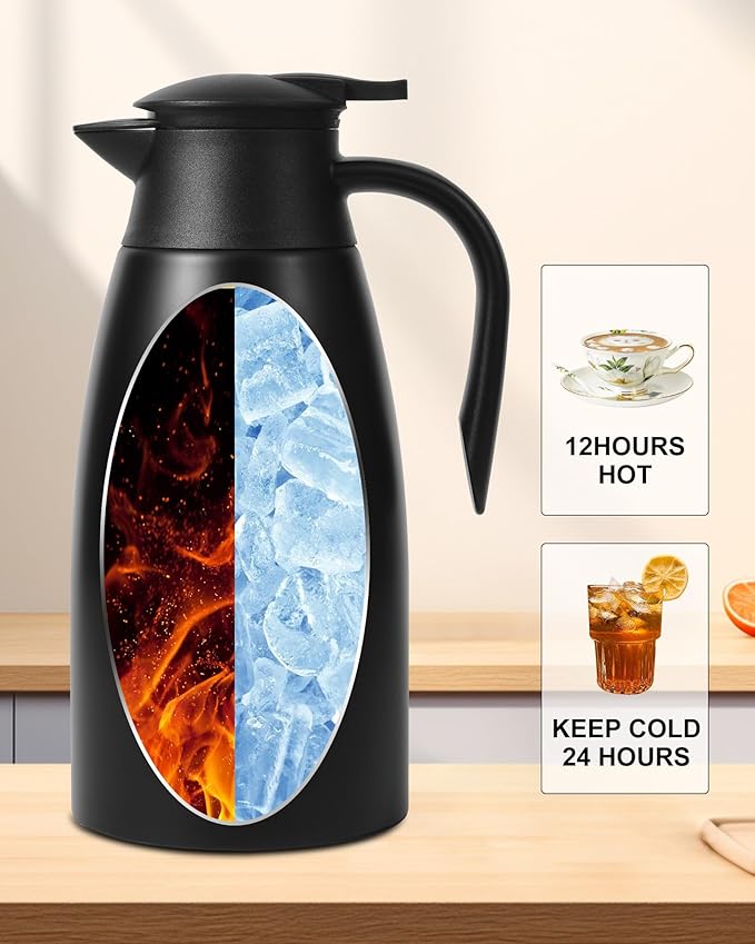 70oz Thermal Coffee Carafe for keeping hot,Updated Carafes for hot liquid, Stainless Steel Insulated Thermal Pot for Coffee, Hot Water,Keep Hot 12 Hours (Black 2.1 L)