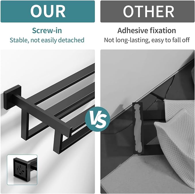 Towel Racks for Bathroom Wall Mounted, 24 Inch Double Towel Bar, Dual Towel Rack with Shelf, Stainless Steel Hand Towel Hanger, Bath Towel Holder for Wall, Black