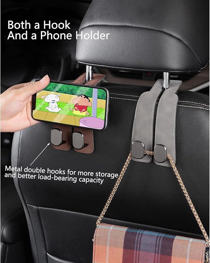Premium PU Leather Car Seat Headrest Hooks, Backseat Hangers for Bags, Purses, Coats, Gray, 2 Pairs