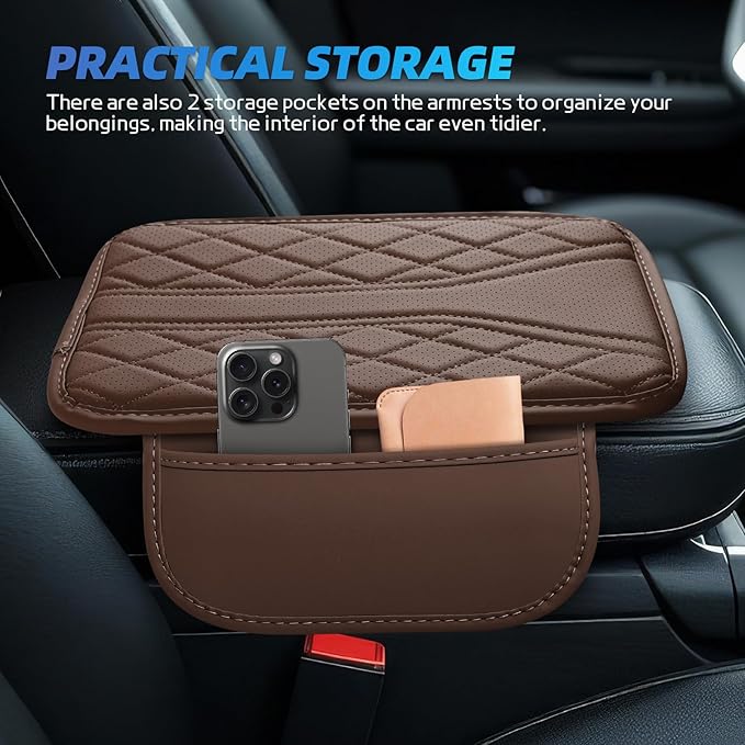Car Center Console Cover, 11.8"×6.7" Leather Armrest Cover for Cars, Multifunctional Auto Armrest Cushion Pad with Storage Pocket, Universal Arm Rest Protector Car Accessories (Coffee)