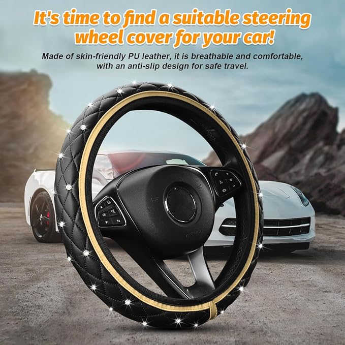 Bling Car Steering Wheel Cover, Rhinestones Elastic Leather Automotive Steering Wheel Protector, 15 Inch Sparkly Crystal Vehicle Interior Decor Accessories, Universal Fit (Beige)