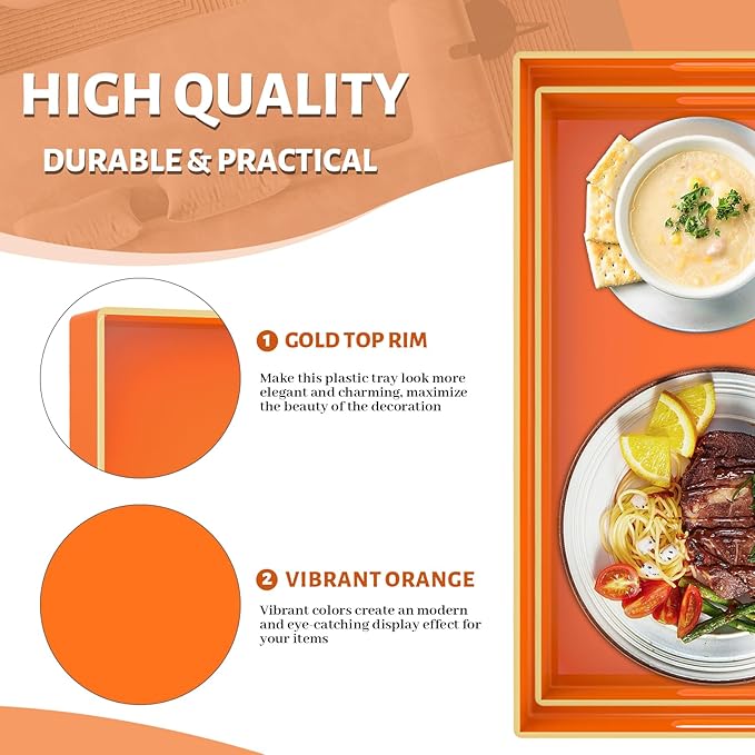 MAONAME Orange Serving Trays Set of 2, Plastic Decorative Trays with Handles, Rectangular Coffee Table Tray for Ottoman, Nesting Tray for Living Room, Bedroom