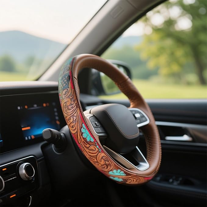 Retro Western Cowboy Car Universal Steering Wheel Cover, Embossed Handcrafted Tooled Leather Western,Anti Slip, Auto Interiors Accessories,Breathable for Trucks SUVs Cars (D)