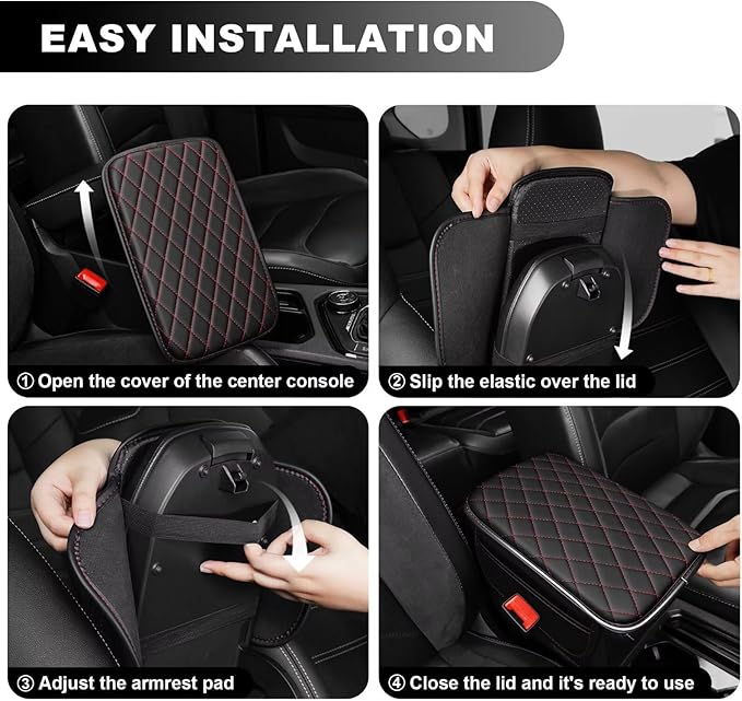 Upgraded Car Center Console Cover Fit for Land Cruiser Faux Leather Car Armrest Cover Cushion with 2 Storage Bags,Car Armrest Storage Box Interior Accessories(Black&Redline)