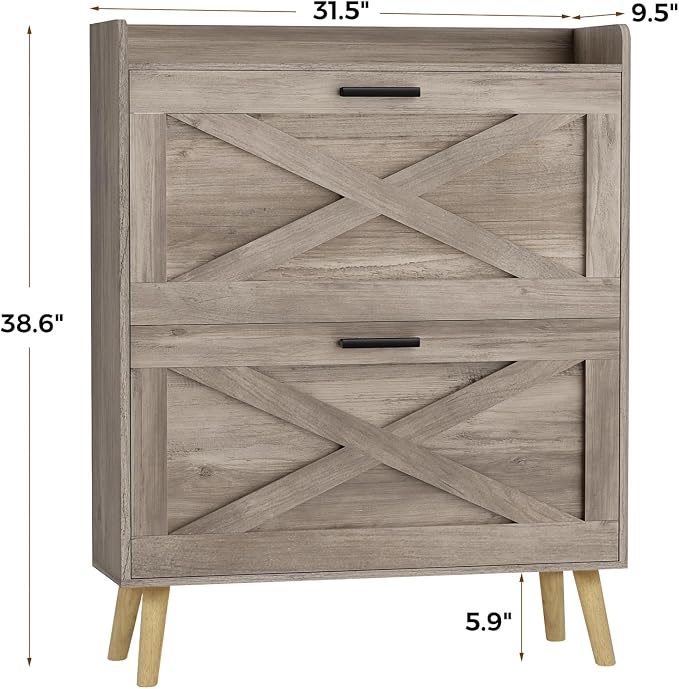 Homleke 32" W Farmhouse Shoe Storage Cabinet with 2 Flip Drawers and Barn Door Design, Adjustable Shelves, Modern Hidden Slim Narrow Shoe Rack Cabinet for Entryway, Foyer, Hallway, Living Room, Greige