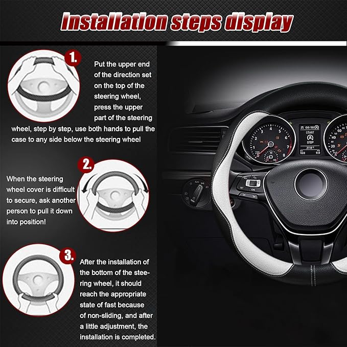 Steering Wheel Cover, Non-Slip Breathable Comfort PU Imitation Leather Cute Car Accessories for Women Girl, Universal Protector in All Season 15 inch Fit Most Car(White)