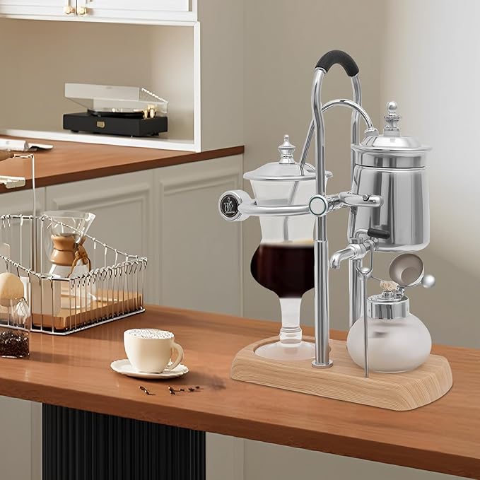 CNCEST Balance Siphon Coffee Maker, 400ml Belgian/Belgium Coffee Maker with Measuring Cup & Spoon for Personal Kitchens Coffee Shops Beverage Stores (Silver)
