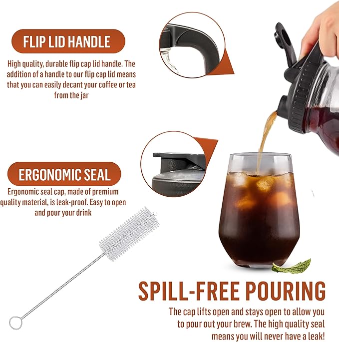 Glass Cold Brew Coffee Maker – 64 oz (2 Quart / 1.9 Liter) – Mason Jar Iced Coffee Pitcher, Durable Glass, with Stainless Steel filter, leak proof wide mouth lid and handle