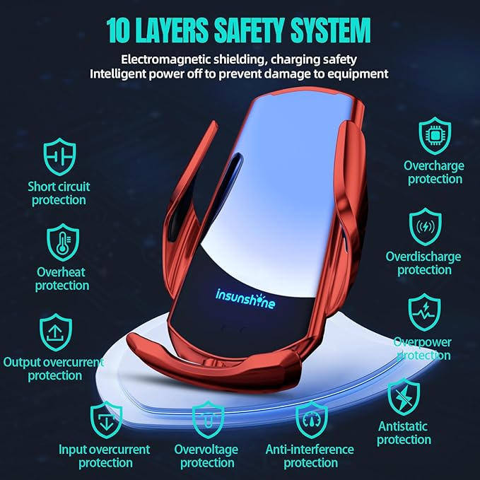 Wireless Car Charger, MAX 15W Fast Charging Auto Clamping, Sensing Phone Holder Mount, fit for iPhone 16 15 14 13 12 Pro Max Xs X, Samsung Galaxy S24 Ultra S23 S22 S21 S20 Note20 (4-Red)