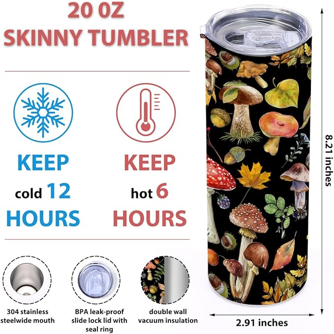 Mushroom Gifts, 20 Oz Straight Skinny Tumblers, Stainless Steel Tumbler, Double Wall Vacuum Travel Mug, Mushroom Stuff Animal Coffee Cup, Insulated Coffee Mug Thermal Cup for Home, Office, Outdoor