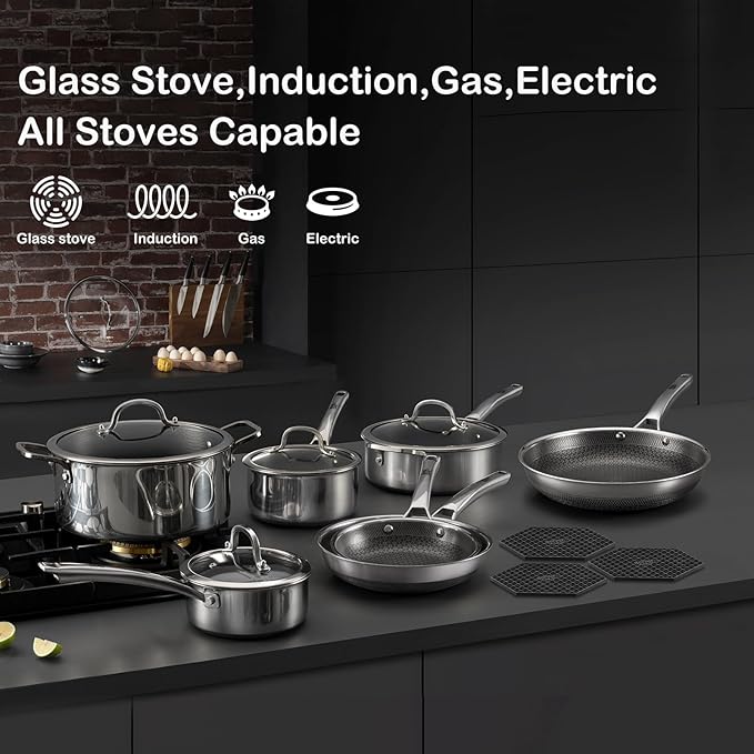 SNOWCLAD Pots and Pans Set Non Stick, 10 Pcs Hybrid Stainless Steel Cookware Sets, Non Stick Frying Pans, Saucepans, Saute Pan & Stock Pot, PFOA Free Kitchen Skillet,Induction Compatible
