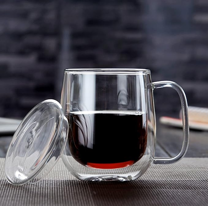 KNC Borosilicate Glass Coffee Mug with Lid Handle,12 oz Double-wall Insulated Milk coffee Cup, Thick Expresso Coffee Cups For Americano, Latte, Espresso, Cappuccinos Beverage and Tea, Clear