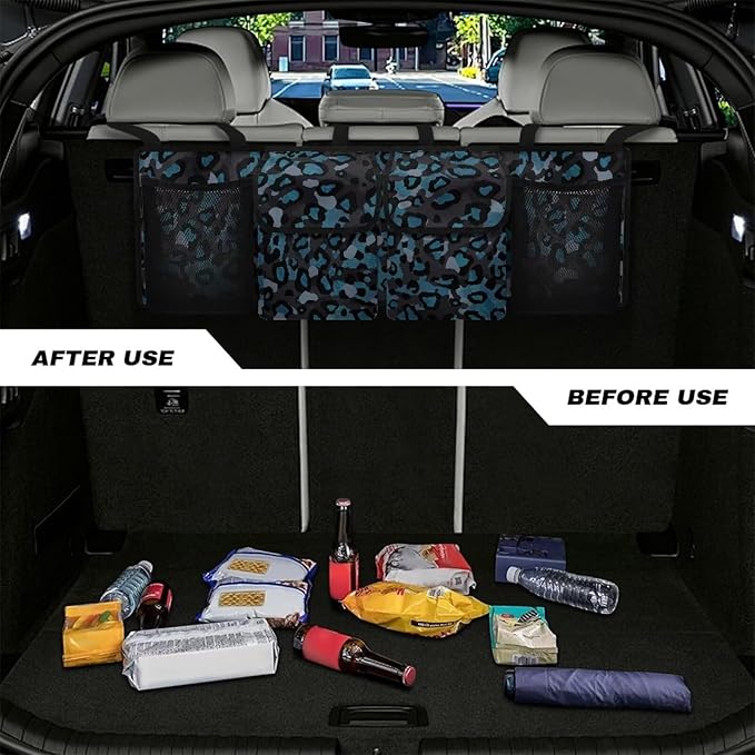 Blue Leopard Backseat Trunk Organizer Waterproof Hanging Car Storage Bag with 4 Pockets & Buckle Straps, Universal Fit Automotive Accessories for SUV Truck Van