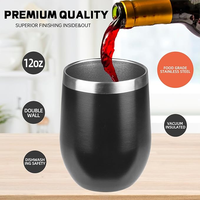 StarSpeed 12oz/6 Pack Wine Tumbler with lid, Stainless Steel Travel Mugs Stemless Double Wall Insulated Coffee Cup, Insulated Wine Glasses Travel Tumbler for Cold & Hot Drinks(Black, 6)