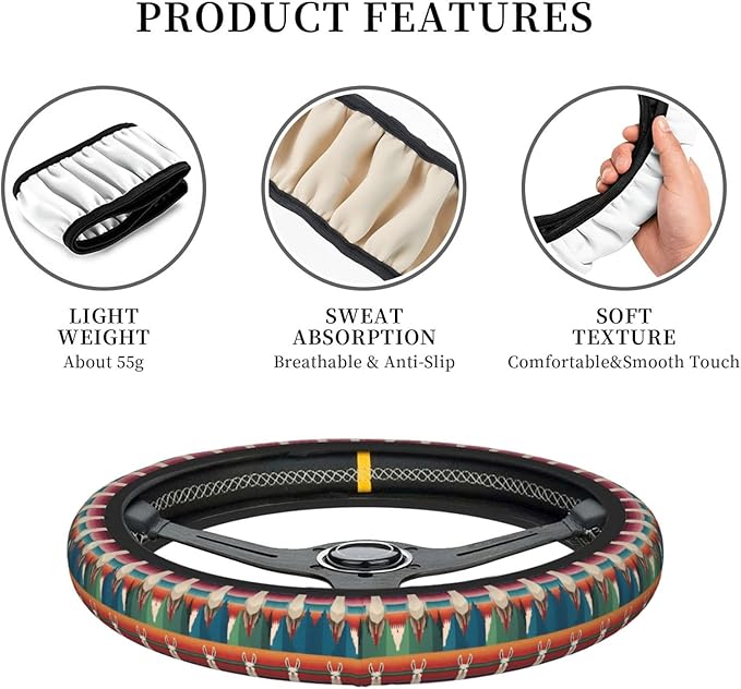 Llamas-Pattern Neoprene Steering Wheel Covers Women Men Car Accessories, Universal 15 Inch Fit Auto, Suvs, Truck